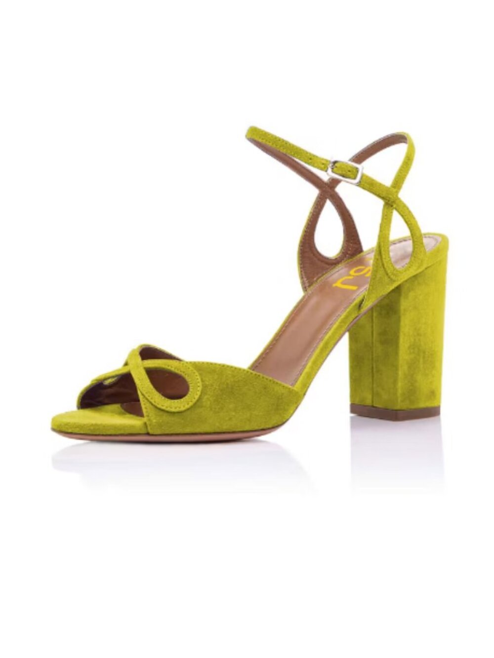 FSJ Moss Green Vegan Suede Peep Toe Block Heel Sandals with Cutout Detail